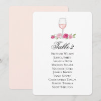 Carte des places roses. Verre de vin. Mariage flor