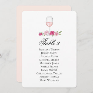 Carte des places roses. Verre de vin. Mariage flor