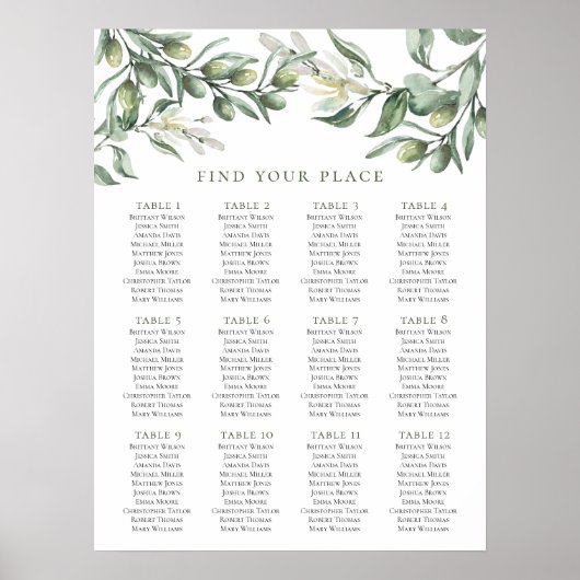 Carte des sièges en olive. Impression verte. Maria (Devant)