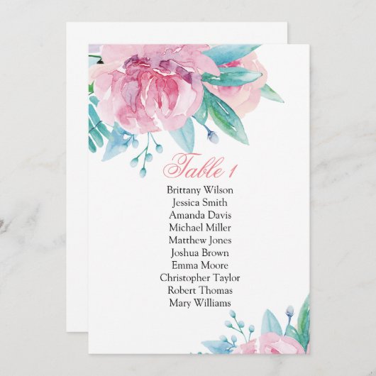 Carte des sièges mariages aux fleurs roses. Plan b (Devant / Derrière)