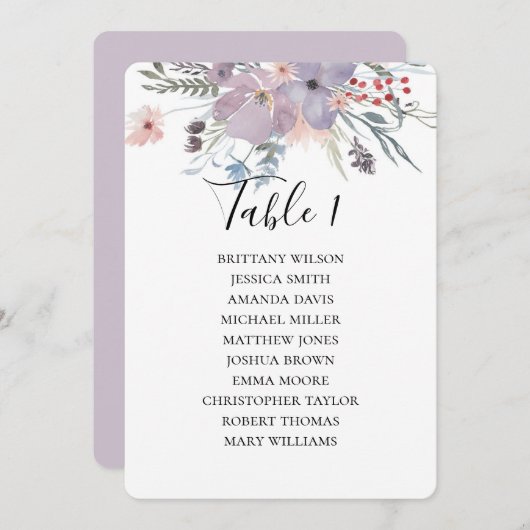 Carte des sièges mariages aux fleurs violettes. Bo (Devant / Derrière)