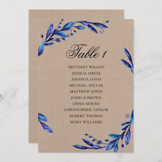 Carte des sièges mariages bleus. Plan rustique d'h (Devant / Derrière)