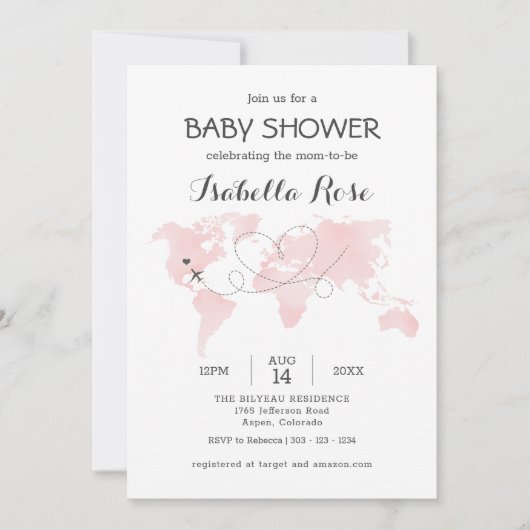 Carte des villes Voyage aventure Baby shower rose (Devant)