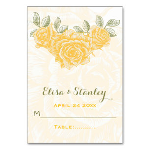 Carte d'escorte pliée mariage vintage jaune roses