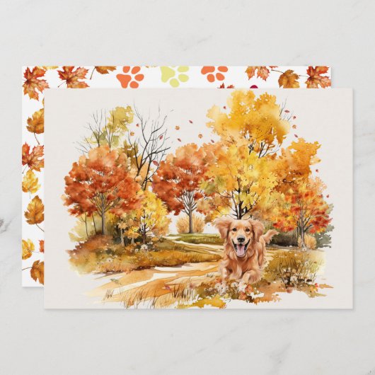 Carte Design Chien Automne Aquarelle - Golden Retriever (Devant / Derrière)