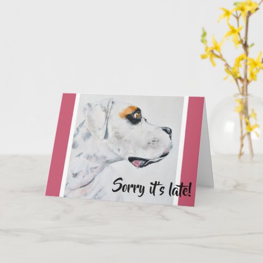 Carte Désolé, c'est en retard ! Chien d'art d'anniversai (Fleur jaune)