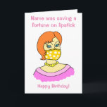 Carte Dessin animé : Face Mask Lipstick Birthday<br><div class="desc">Funny cartoon of a woman wearing a face mask. Texte read 'NAME was saving a fortune on lipstick' and Happy Birthday' and inside the card says 'Enjoy your special day day'. Easily edit of the text boxes to personal ise this card or the message or remove Happy Birthday. The woman...</div>