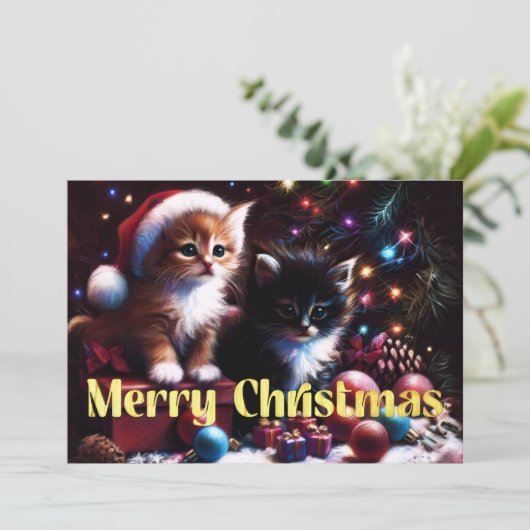 Carte Dessin au pastel dur Noël 2 chatons (Debout devant)