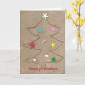 Carte Dessin d'arbre de Noël dans le sable de la plage (Fleur jaune)