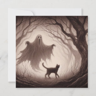 Carte Dessin d'un fantôme et d'un chat dans une forêt d'