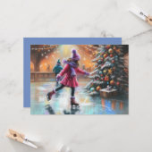 Carte Dessin dur Pastel Patinage sur glace de Noël (Devant/Arrière en situation)