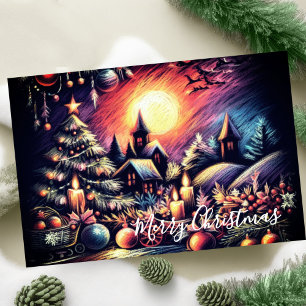 Carte Dessin dur Pastel Scène de Noël