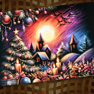 Carte Dessin dur Pastel Scène de Noël
