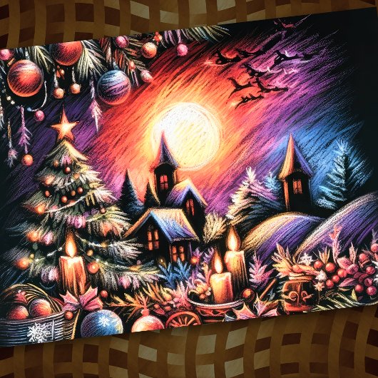 Carte Dessin dur Pastel Scène de Noël