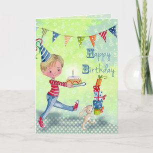 Carte dessin mignon vert petit anniversaire garçon