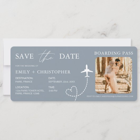 Carte Destination Wedding Blue QR Code Boarding Pass  (Devant)