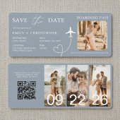 Carte Destination Wedding Blue QR Code Boarding Pass 