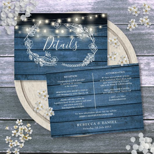 Carte Détails du Mariage Blue Wood String Lights