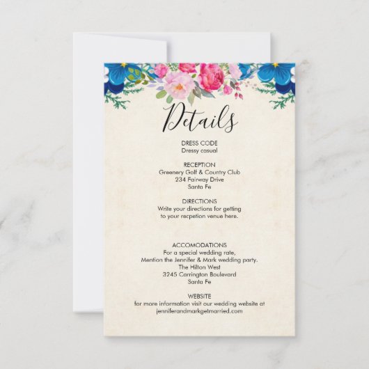 Carte Détails du Mariage de fleurs rose et bleue (Devant)