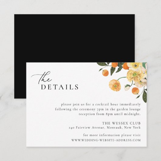 Carte Détails du Mariage Floral Orange Citrus (Devant / Derrière)