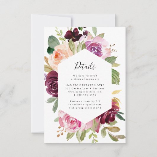 Carte Détails du Mariage Floral rose et bourguigno (Devant)