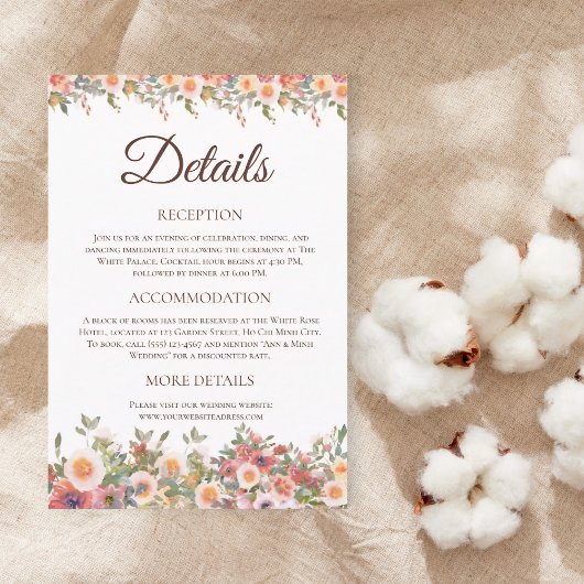 Carte Détails du Mariage Floral Watercolor