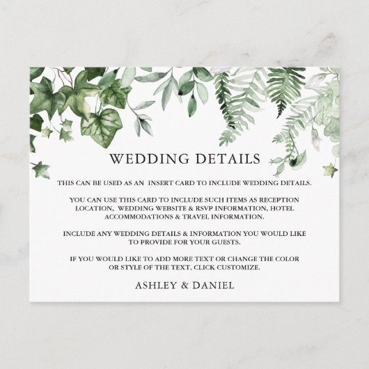 Carte Détails du Mariage Iv Sage Ferns Watercolor (Devant)