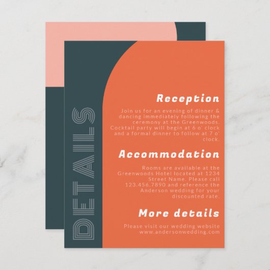 Carte Détails du Mariage rétro Arch super | Bright Orang (Devant / Derrière)