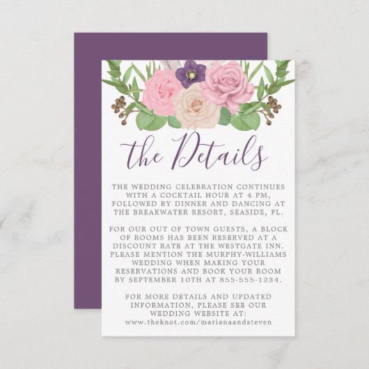 Carte Détails du Mariage rose violet (Devant / Derrière)