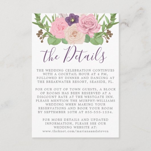 Carte Détails du Mariage rose violet (Devant)