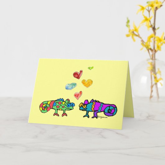 Carte Deux Cartoon Chameleon En Love Card (Fleur jaune)