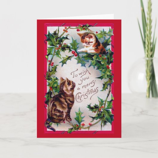 Carte Deux chatons et houx de Noël (Devant)