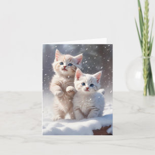 Carte Deux Chatons Yeux Bleus Jouer Snow Blank Salutatio