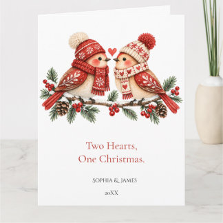 Carte Deux cœurs, un Noël, couple d'oiseaux nordiques