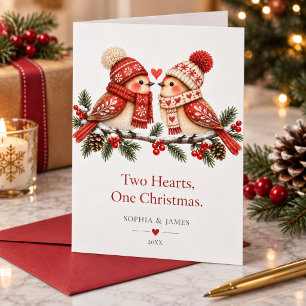 Carte Deux cœurs, un Noël, couple d'oiseaux nordiques