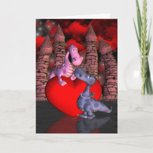 Carte deux dragons mignons, un sur un coeur un