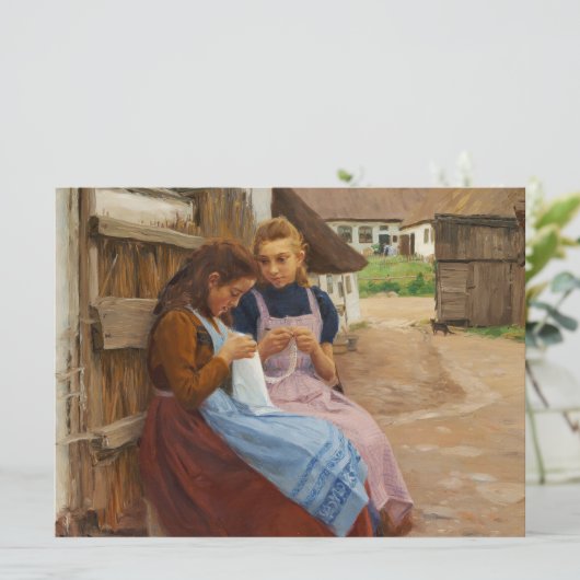 Carte Deux Filles avec Needlework assis dans une ferme (Debout devant)