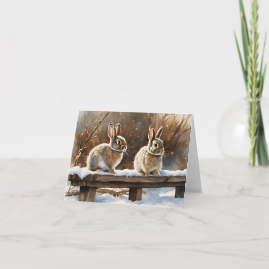Carte Deux mignons lapins de lapin sur un banc en blanc (Devant)