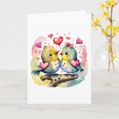 Carte Deux mignons oiseaux en amour BLANC (Fleur jaune)