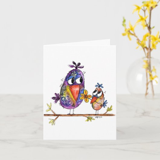Carte Deux oiseaux mignons et capricieux (Fleur jaune)