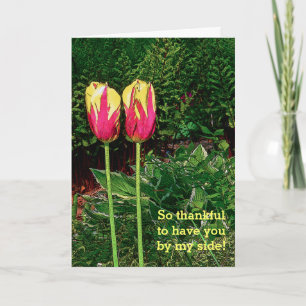 CARTE DEUX TULIPS ROSE ET JAUNE /HEUREUX ANNIVERSAIRE