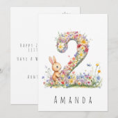 Carte Deuxième Anniversaire Fleurs et Lapin (Devant / Derrière)