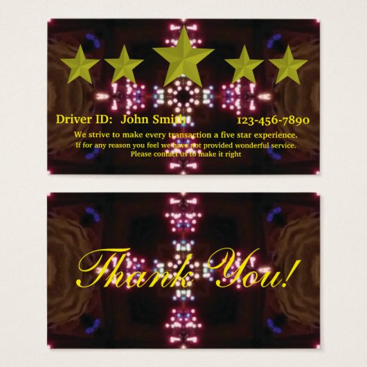 Carte d'évaluation 5 étoiles pour conducteur profe (Devant & derrière)