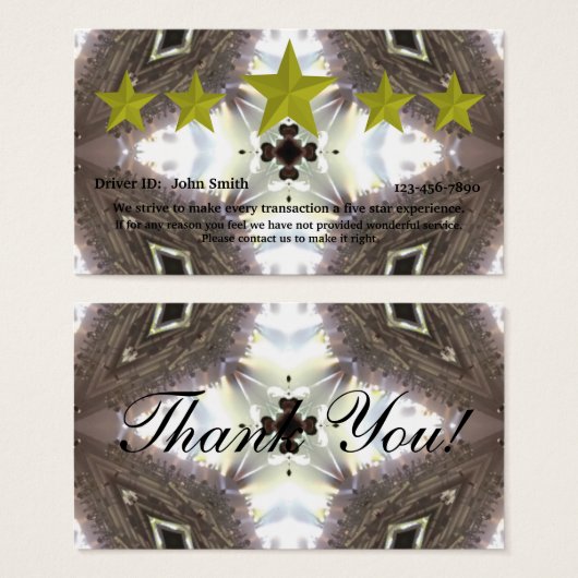 Carte d'évaluation 5 étoiles pour conducteur profe (Devant & derrière)