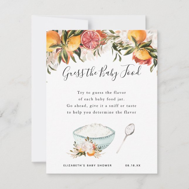 Carte Devinez la nourriture pour bébés | Jeu Baby shower (Devant)