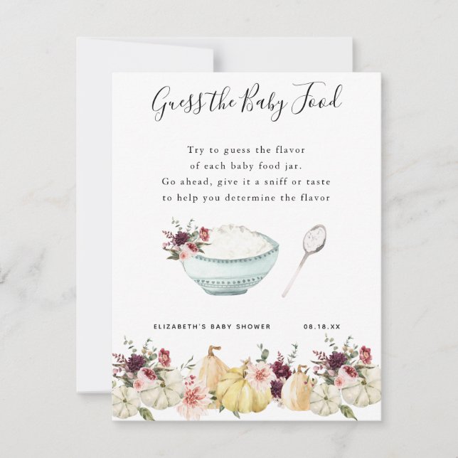 Carte Devinez la nourriture pour bébés | Jeu Baby shower (Devant)