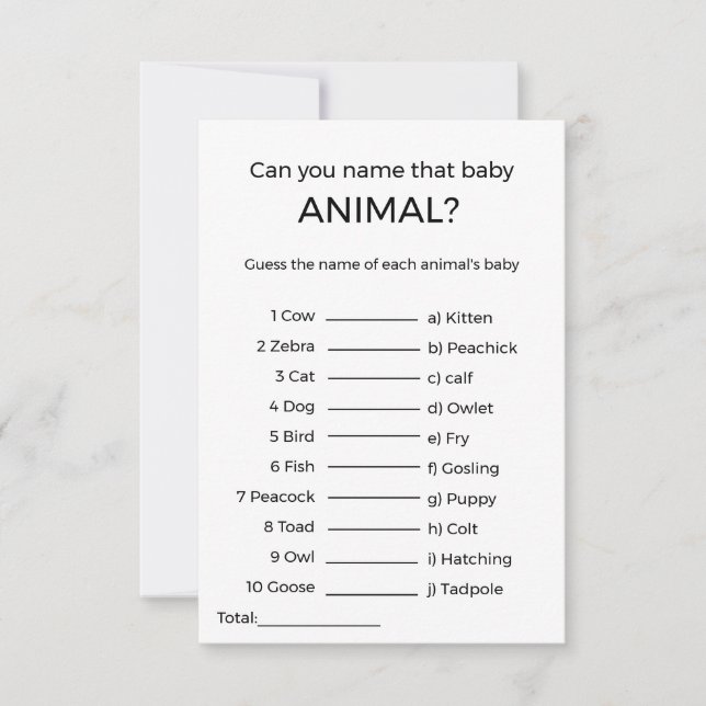 Carte devinez le nom du jeu de baby shower animal bébé (Devant)