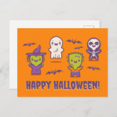 Carte d'Halloween avec de mignons monstres kawaii (Devant / Derrière)