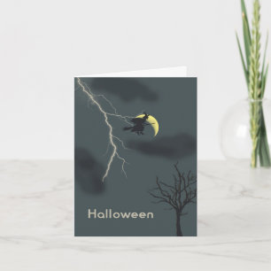Carte d'Halloween avec Sorcière, Éclair et Lune