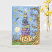 Carte d'Halloween avec totem Witch, cat et owl sit (Fleur jaune)